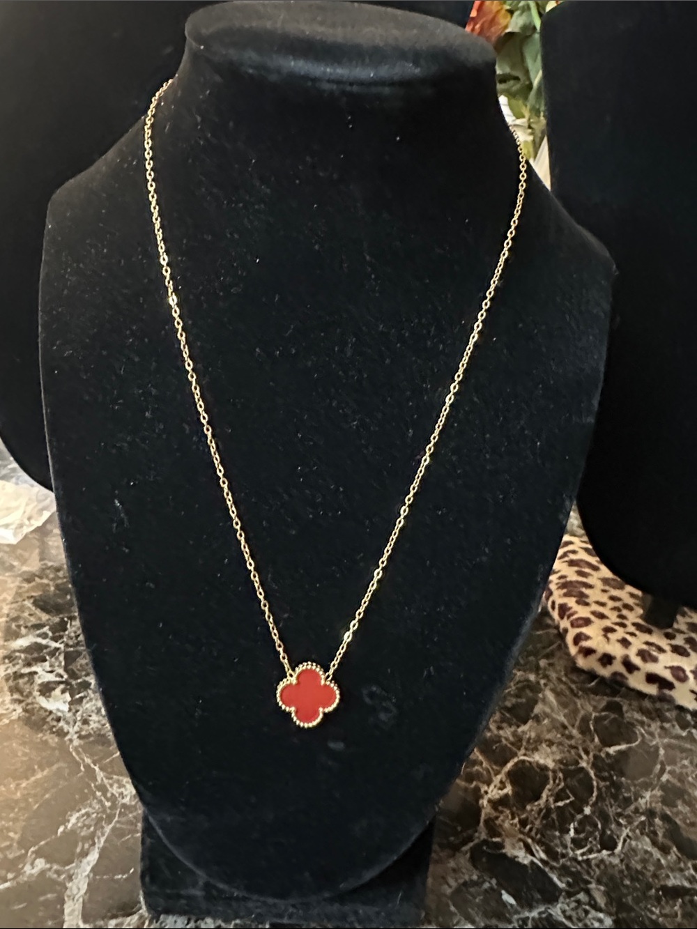 Gold Chain Necklace with Red Clover Pendant